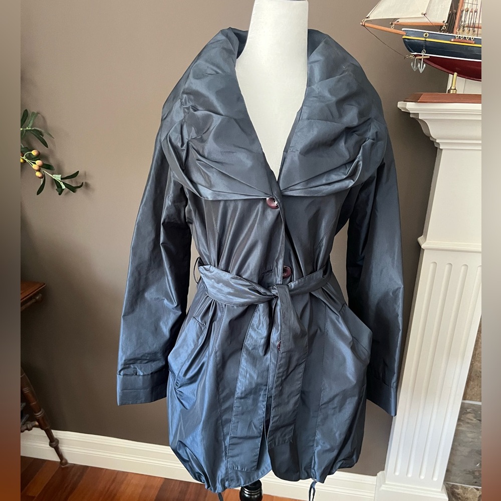 Women's Metallic Slate Blue Belted Jacket with Pockets